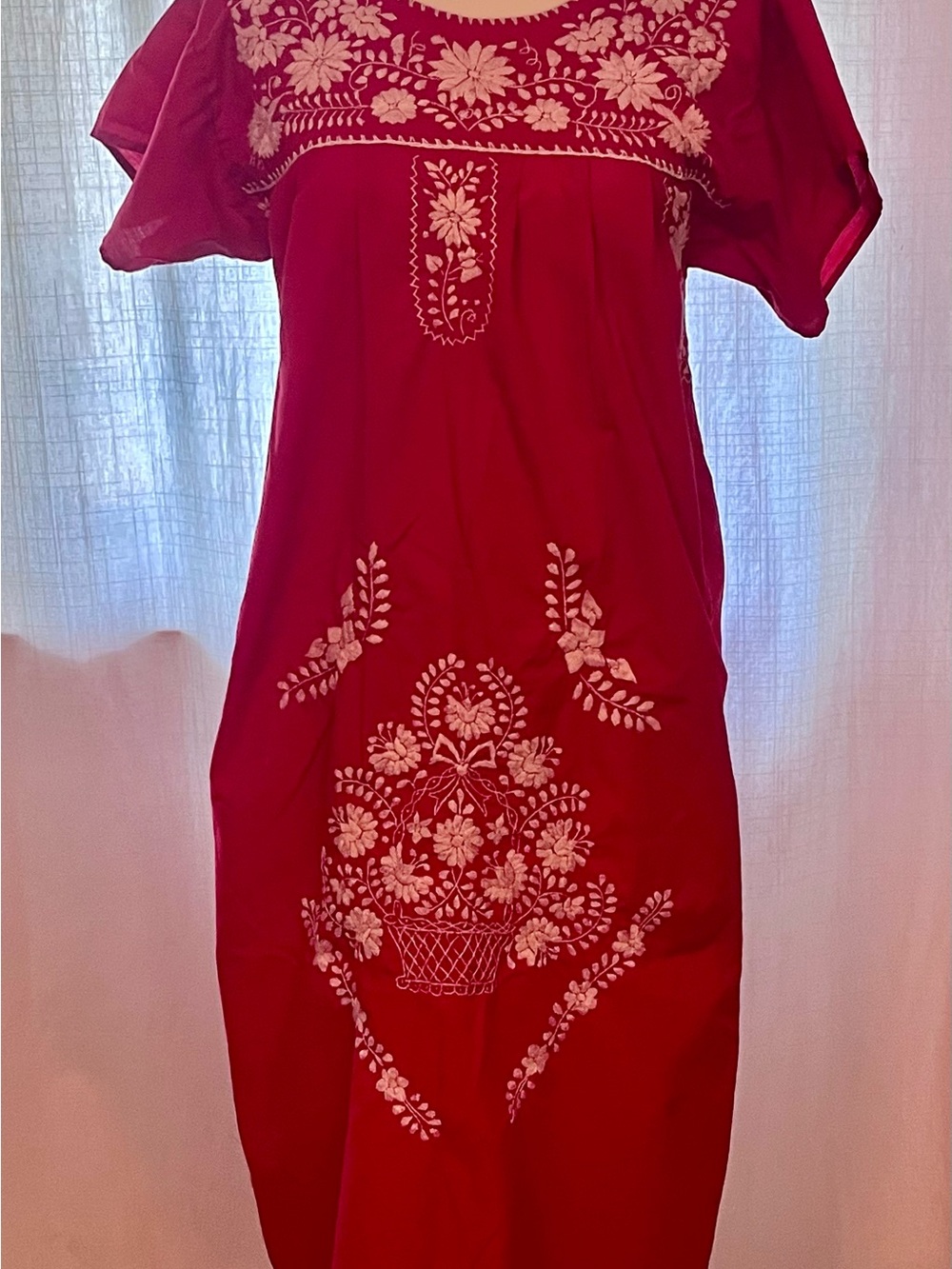 Women's Red Embroidered Midi Dress - Floral Detail
